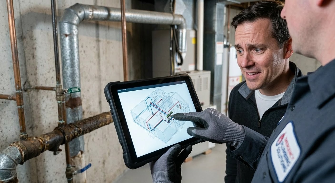 HVAC technician showing system schematic on tablet to colleague